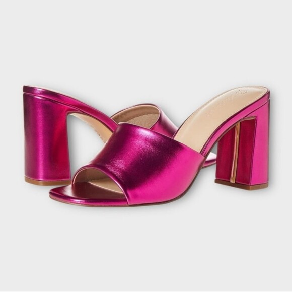 The Drop Pattie High Block Heeled Mule Sandal Hot Pink Metallic Size 6.5 Retro - Picture 1 of 8